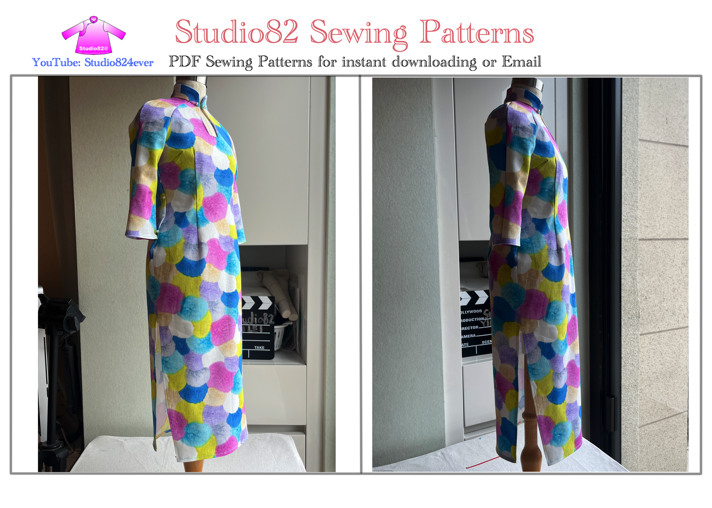 Digital Pattern of cheongsam gown with a water drop neckline and 3/4 sleeves