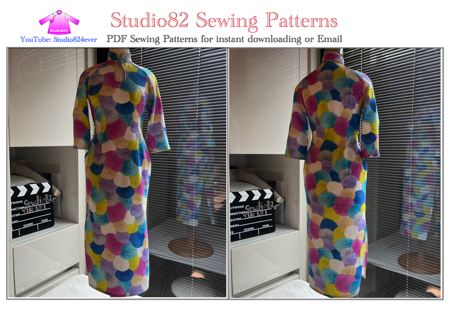 Digital Pattern of cheongsam gown with a water drop neckline and 3/4 sleeves