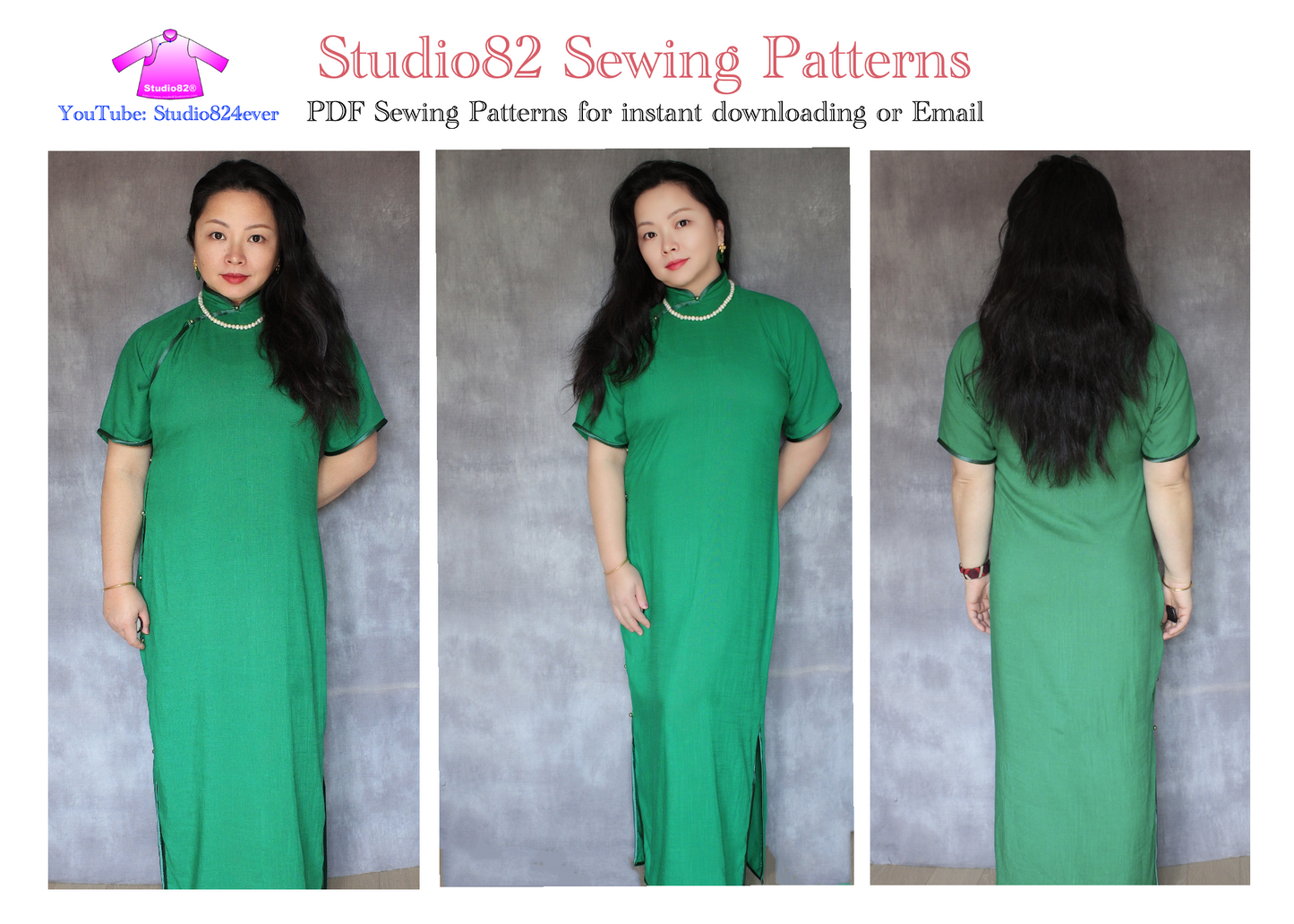 Digital sewing pattern of short-sleeved, floor-length, flat-cut cheongsam