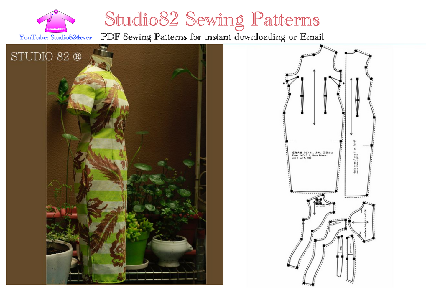 PDF Sewing Pattern of short-sleeved Qipao with a square placket
