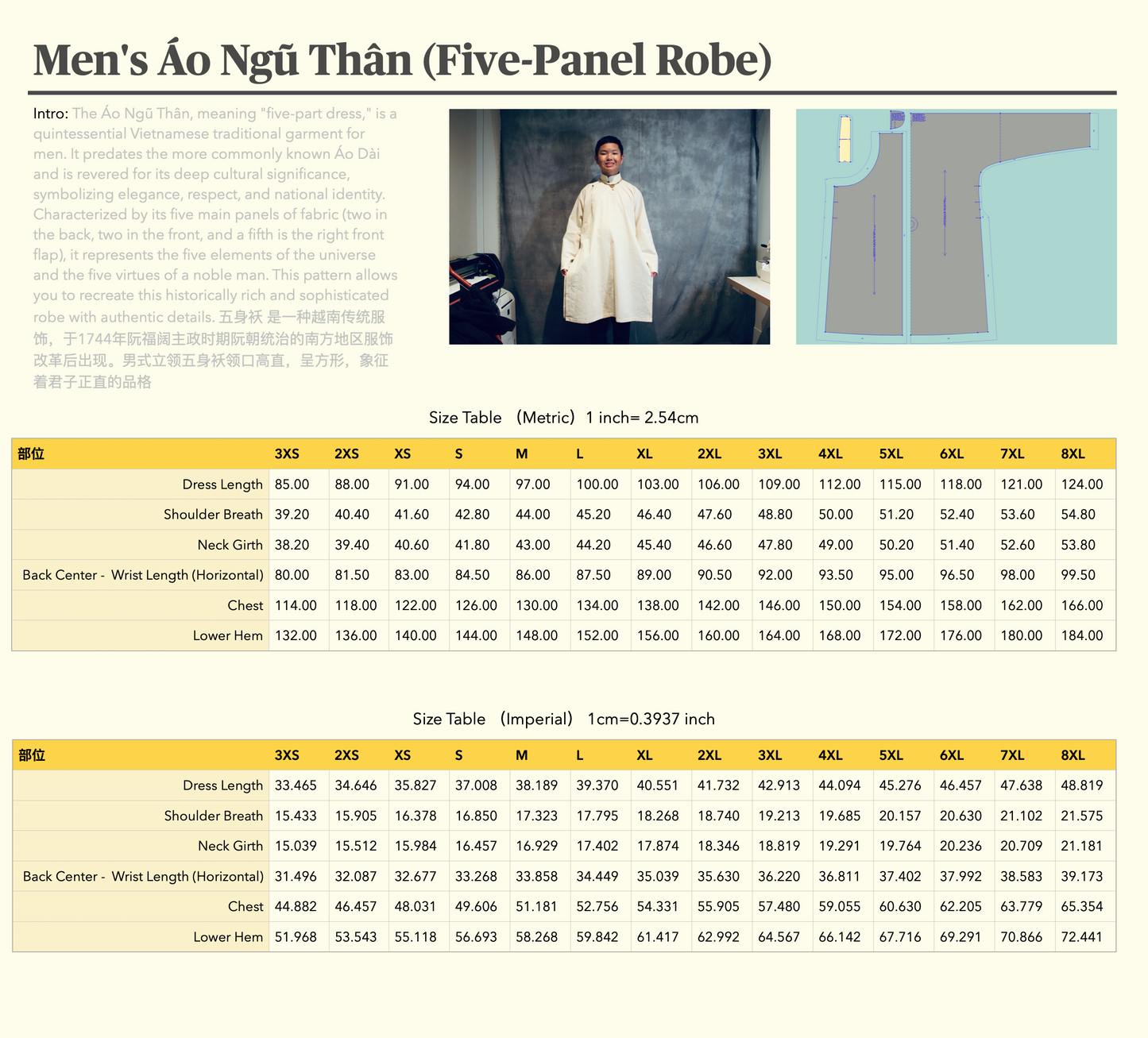 Digital Sewing Pattern: Men's Áo Ngũ Thân (Five-Panel Robe)